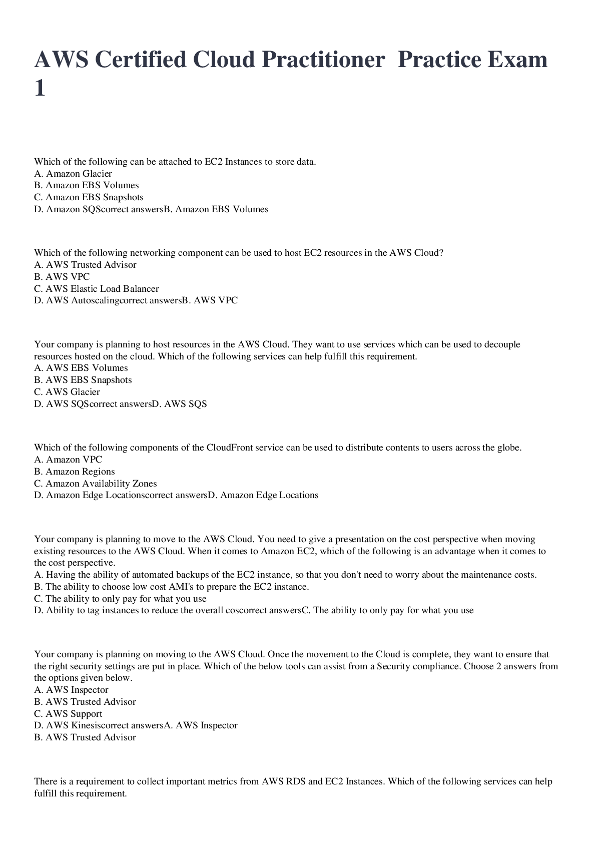 Preview image for AWS Certified Cloud Practitioner  Practice Exam 1 2022/2023 with 100% correct answers